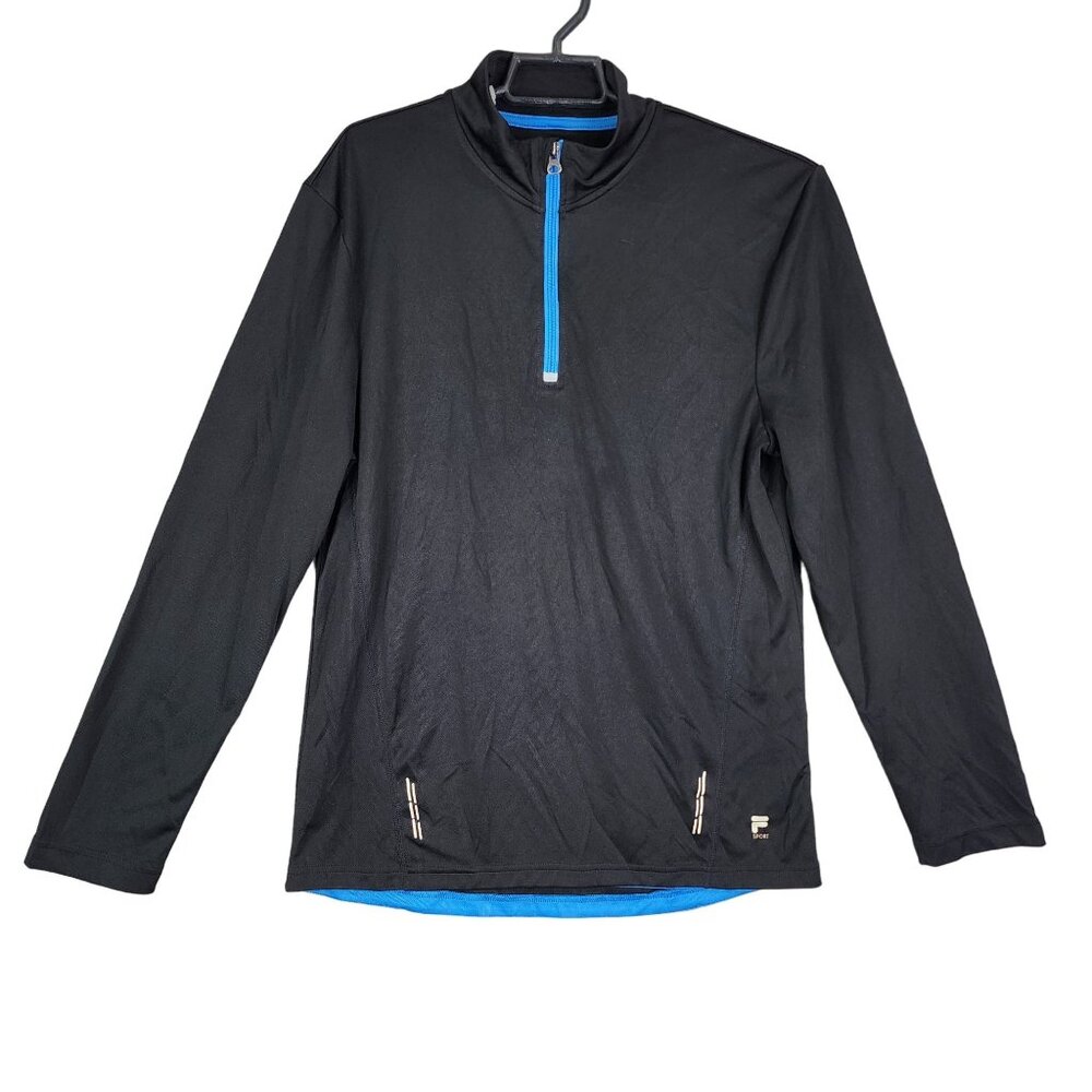 Mens Fila Sport Black Polo Shirt 1/4 Zip Pullover Long Sleeve Mock Neck Active M